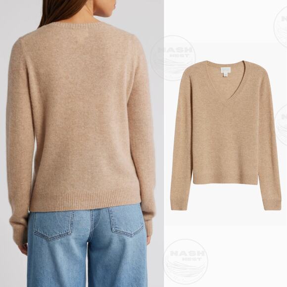Nordstrom S Cashmere V-Neck Sweater | Soft Tan Beige, Classic, Minimalist - Picture 2 of 8